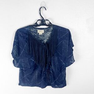 DENIM & SUPPLY Fringe Trim V-Neck Tassel Tie Short Sleeves Western Boho Top